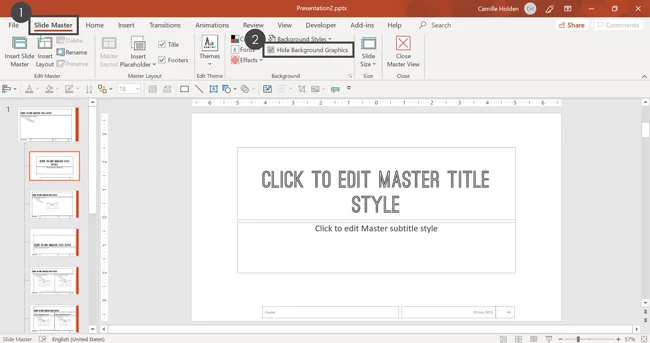 Selecting the Hide Background Graphics option in the Slide Master View for this Child Layout.
