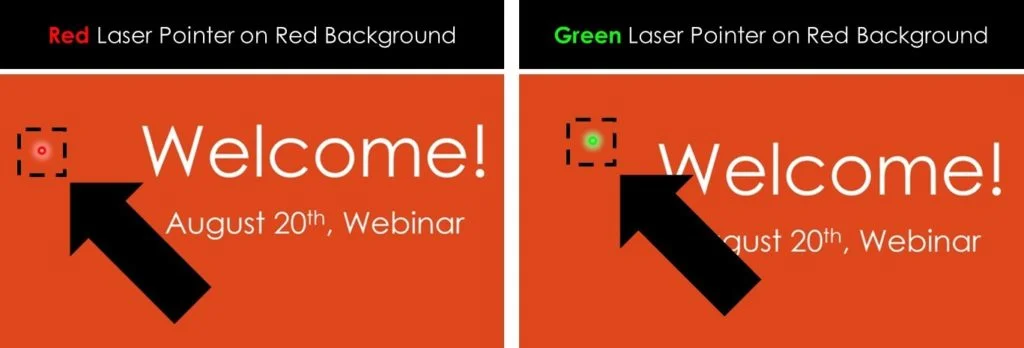 Example of low contrast, with a red pointer on a red background, versus high contrast, the green pointer on a red background.