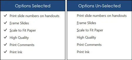 Handout printing options selected and unselected