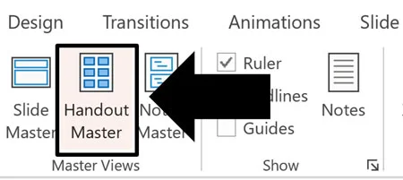 In the PowerPoint View tab, click the Handout Master command