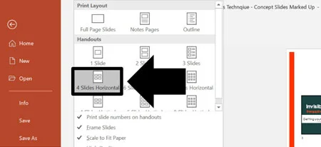 Select 4 slides per page in the handouts section