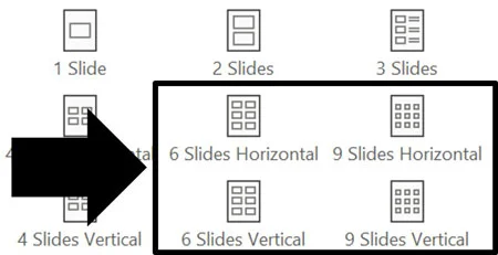 Handout options for printing 6 slides per page and 9 slides per page in PowerPoint