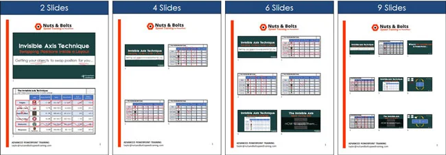 Examples of printing different numbers of slides per page as handouts