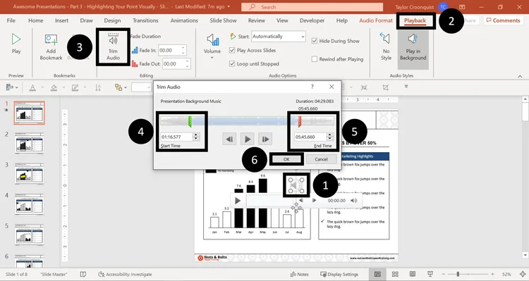 In the trim audio dialog box adjust the start time and end time to trim your music in your PowerPoint presentation