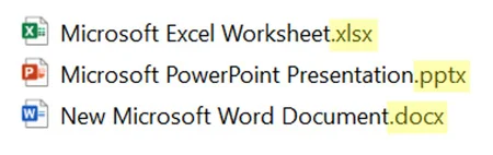 The file name extensions are .pptx for PowerPoint, .xlsx for Excel, and .docx for Word
