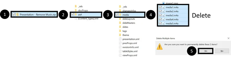 Navigate to the media folder within a zipped file and delete all of the music files you want to remove from your PowerPoint presentation