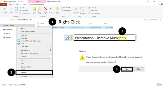 When you are done deleting your music files from your PowerPoint presentation, right-click a zipped folder and rename the file extension to .pptx to turn it back into a PowerPoint presentation