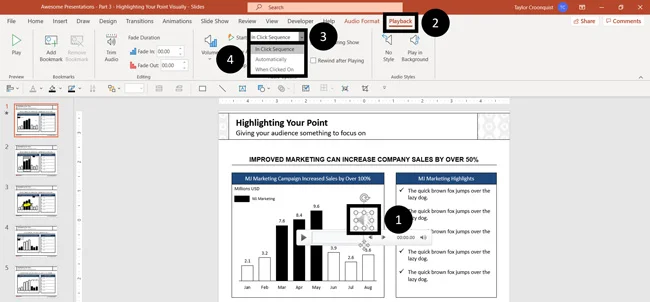 To change when your music starts playing in PowerPoint, click the Playback tab and in the start dropdown select when your music will start playing