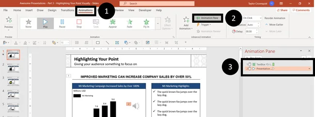 To change the click sequence of your music in PowerPoint, open the animations pane and rearrange your music files to change the click sequence