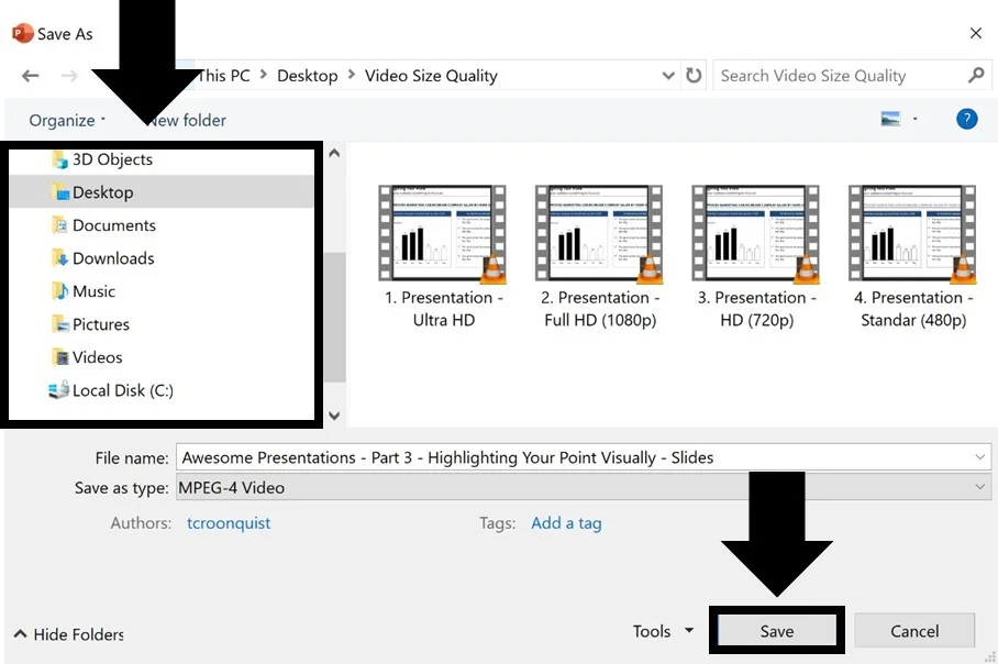 Navigate to where you want to save your video on your computer and click Save