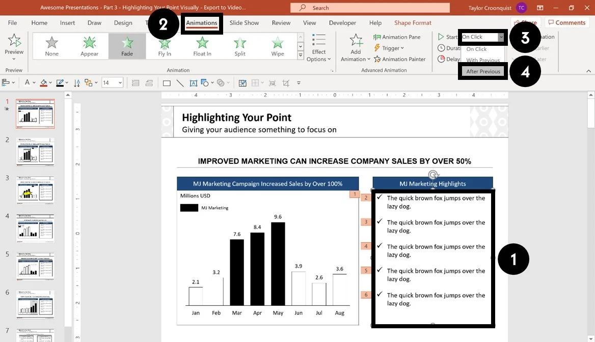 To change when a PowerPoint animation plays, select the animation, then open the Start options in the Animations tab