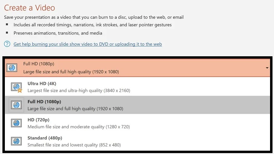 Video quality options include Ultra HD, Full HD (1080p), HD (720p) and Standard (480p)