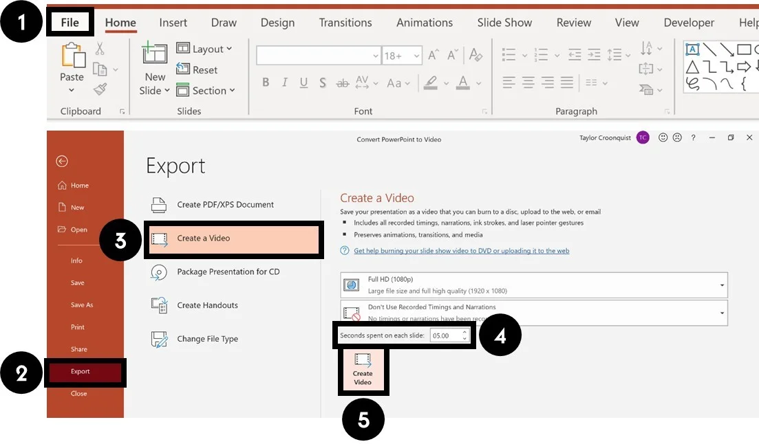 In the export PowerPoint as a video dialog box, set how many seconds you want on each slide in your video