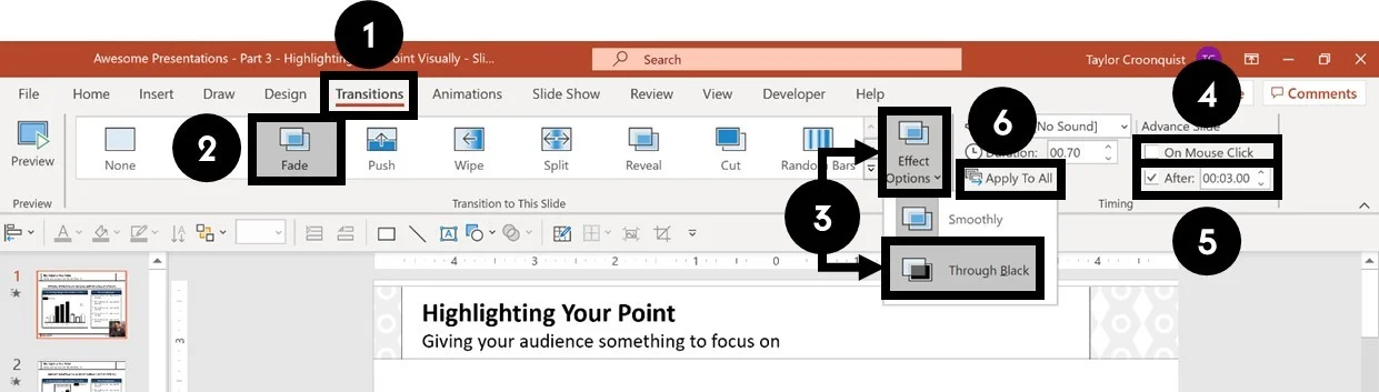 From the transitions tab, select fade, set a number of seconds per slide and select Apply to All