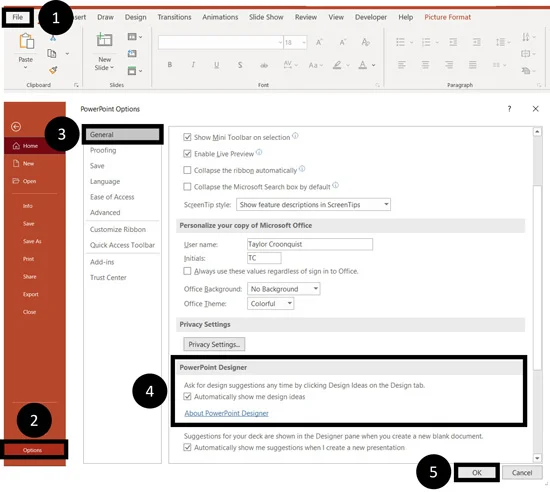 If you want the PowerPoint designer to automatically pop up for each of your slides, click the File tab, click Options and in the general options put a check mark next to Automatically show me design ideas, then click ok
