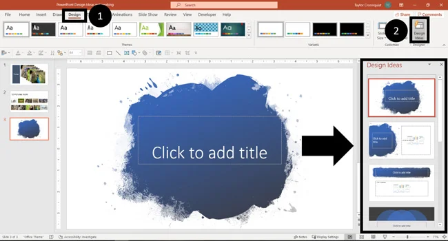 Click the Design tab and click Design Ideas to open the Designer Pane