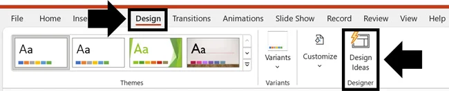 To use the Design Ideas command, click the Design tab and select the Design Ideas command