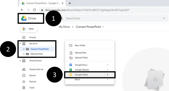 In your Google Drive, navigate to a folder, right-click and select Google Slides to create a blank document