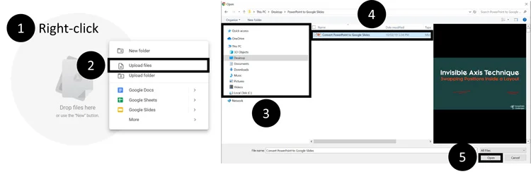 Right click within Google drive, find the PowerPoint presentation on your computer and click open
