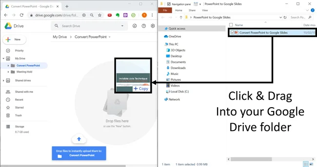 You can click and drag a PowerPoint file into an open Google Drive folder to upload it to Google Drive