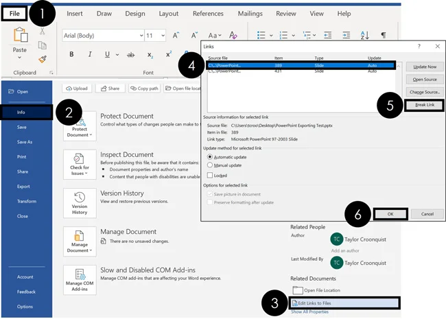 To break a link to a file in Microsoft Word, click the file tab, click info, select edit links to files, select the link and click break link, then click ok