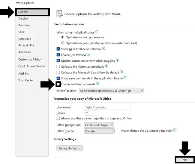 Use the Word options dialog box to disable modern comments in Word