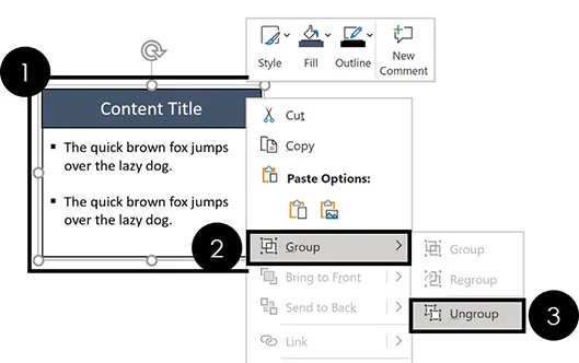 Right-click a group of objects, select Group and then Ungroup to ungroup your objects
