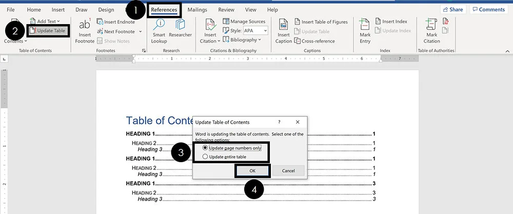 Click the reference tab in Word, select update and then choose what part of your table of contents you want to update
