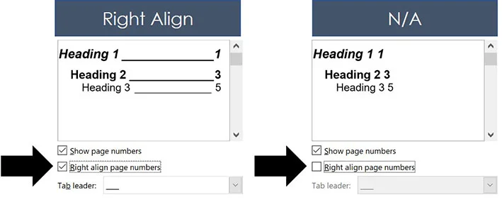 You can choose to choose your page numbers in your table of contents in Word, or unselect the page numbers option to remove them