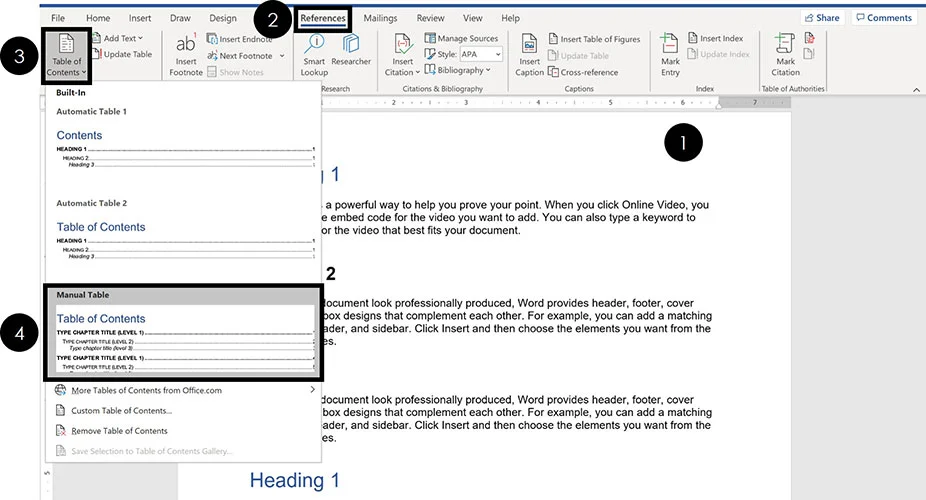 To insert a manual table of contents in word, click the references tab, open the table of contents dropdown and select the manual table