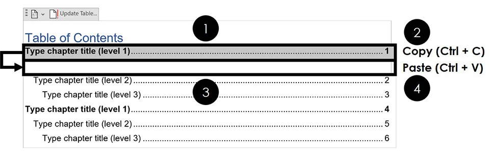 To add a new row to a manually created table of content in Word, hit Enter to create a new blank row, then copy and paste an existing row into the blank row so you can edit it