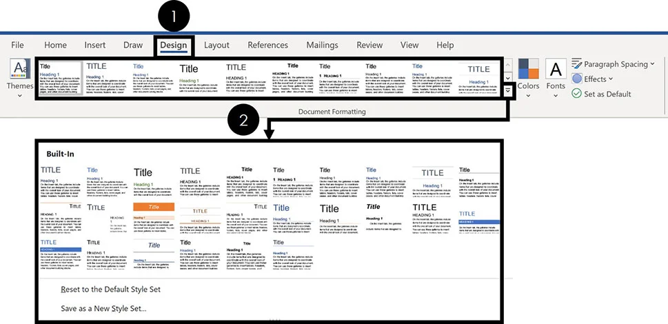 To change the formatting style of your table of contents in Word, click the design tab, click the downward facing arrow, and choose a style for your document