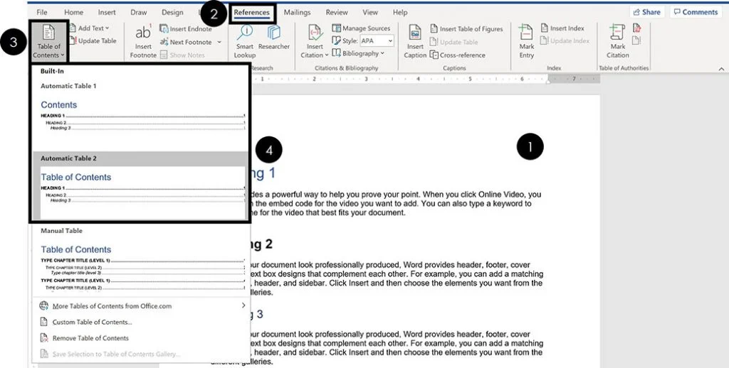 To insert an automatic updating table of contents in Word, click the references tab, open the table of contents drop down and select one of the automatic tables