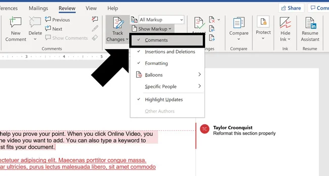 To hide only your comments in word, and not your tracked changes, from the Review tab open the show markup dropdown and unselect comments