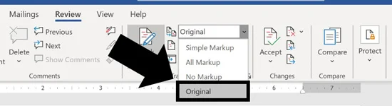 On the Review tab, click original to see all your tracked changes and comments in Word