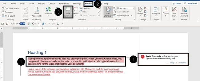 From the Review tab, click New Comment to add a comment to your selected text