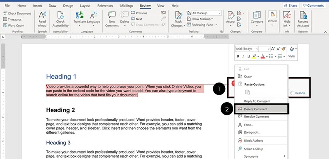 Right click a comment in Word and select delete to remove the individual comment