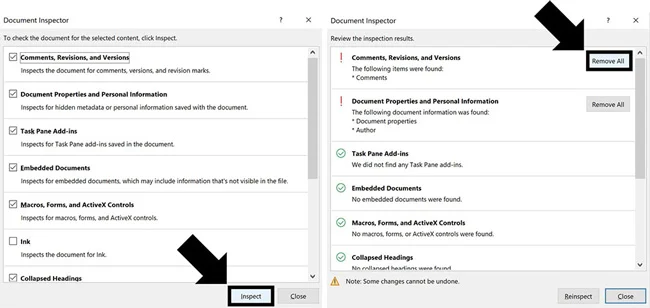 Within the document inspector, click Inspect document and then for comments, click remove all to remove all the comments from your word document