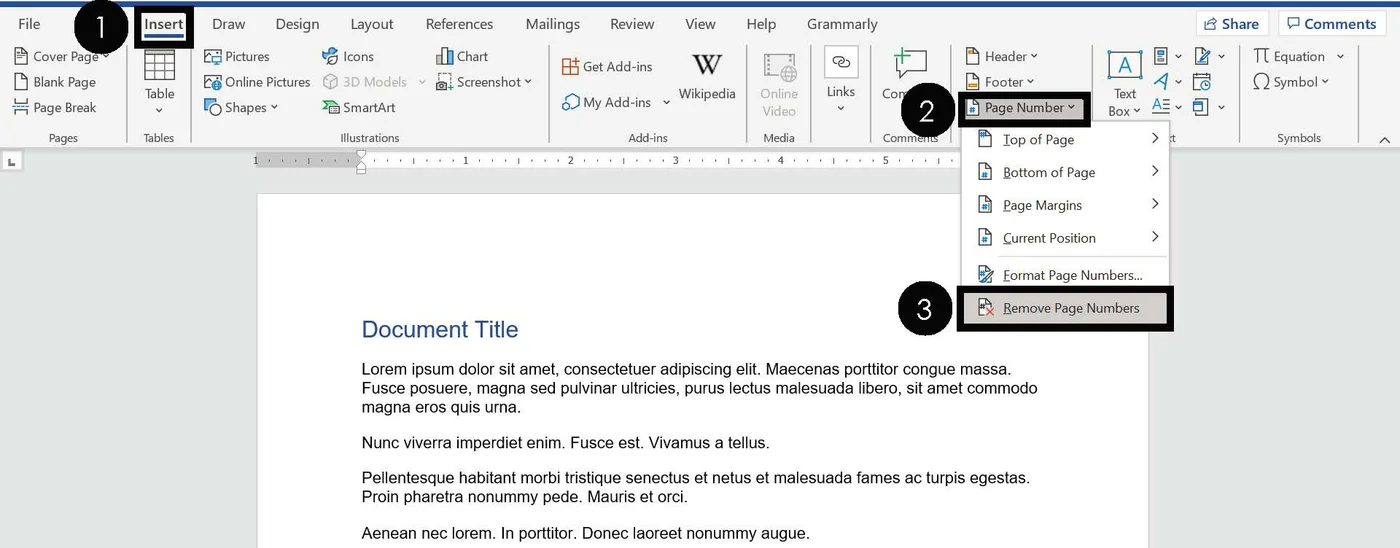 Open the Page Number dropdown Select Remove Page Numbers