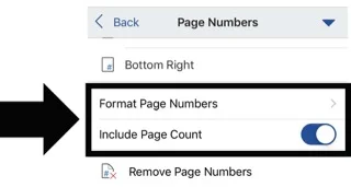 How to add page numbers in Word mobile app options