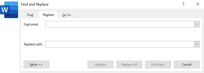 The find and replace dialog box in Word