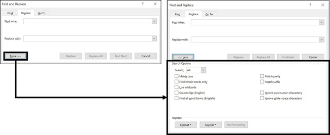 Advanced find and replace search options