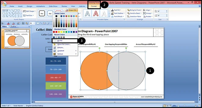 Select the two overlapping circles, click the drawing tools format tab, open the shape fill dropdown and select No Fill