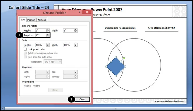 In the size and position dialog box, rotate your shape 45 degrees and then click close