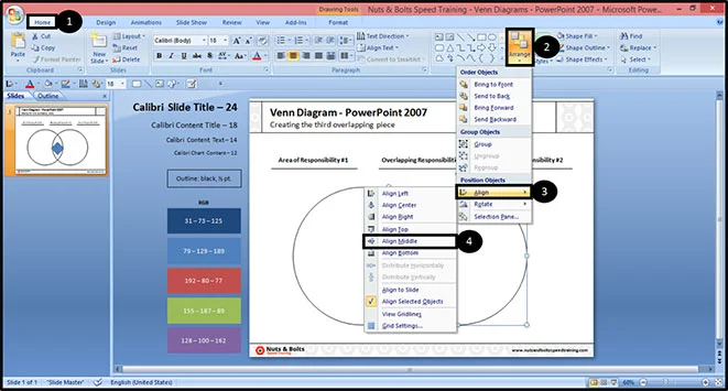 Using the alignment tool in the arrange dropdown, middle align your shape inside of your venn diagram