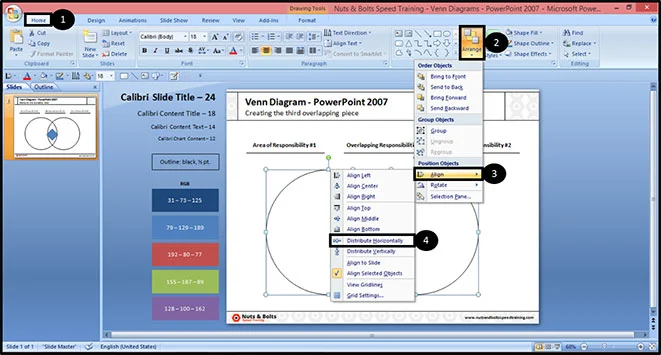 Distribute your shape horizontally across your venn diagram so it is in the middle position. Using the arrange dropdown and Align tool to pull this off quickly
