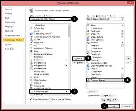 In the PowerPoint options dialog box, filter the options to commands not in the ribbon, find the combine shapes tool and add it to your quick access toolbar
