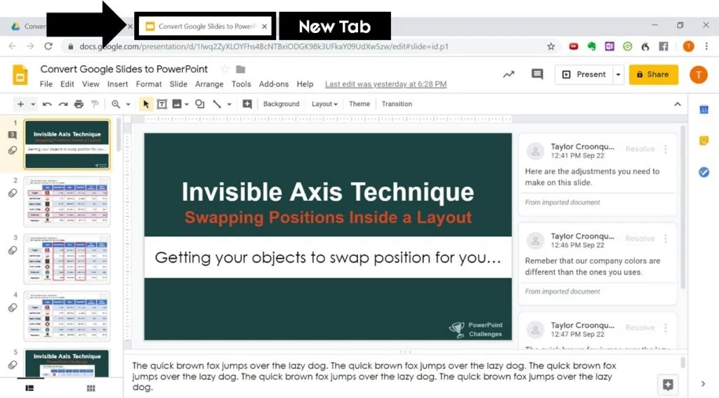 Example of a Google Slides presentation opening in a new tab