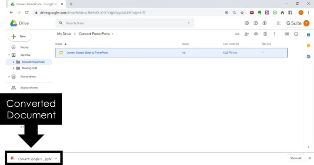 Google slides converts into a PowerPoint presentation as it downloads