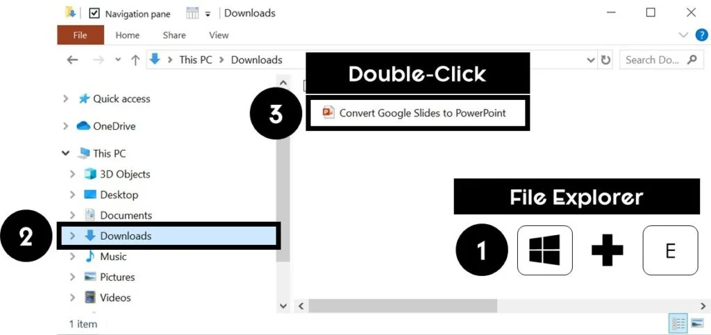 Open the Windows file explorer, find the downloads folder and double click your downloaded presentation